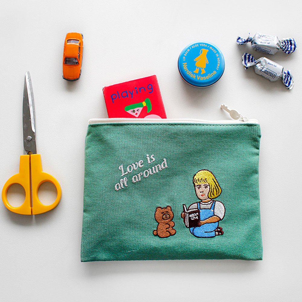 レディース ポーチ かわいい おしゃれ 刺繍 メーク メイク コスメポーチ コットン イラスト 財布 ウォレット ケース 韓国 1537 La vie est belle pouch