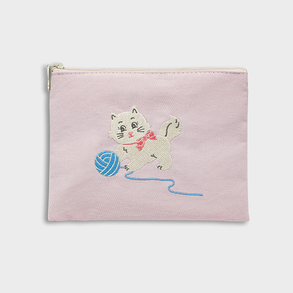 レディース ポーチ かわいい おしゃれ 刺繍 メーク メイク コスメポーチ コットン イラスト 財布 ウォレット ケース 韓国 1537 La vie est belle pouch