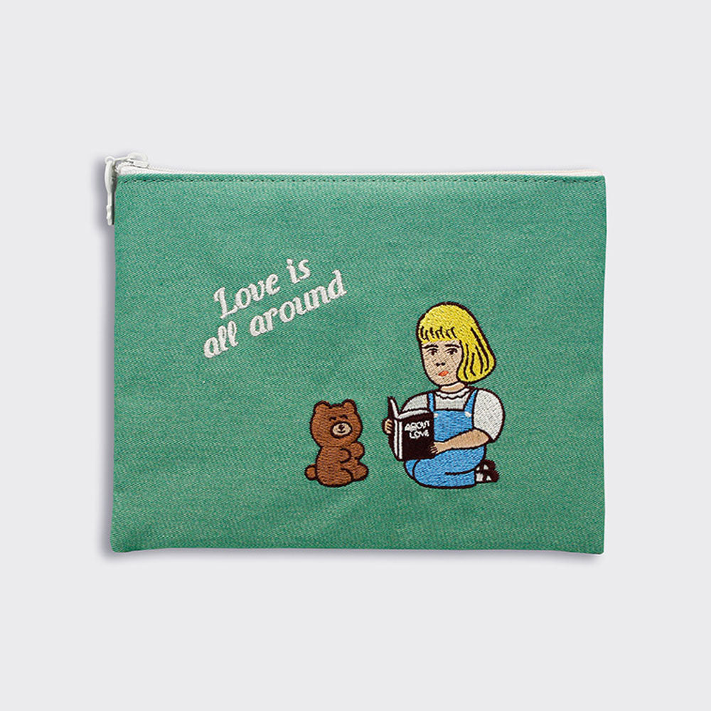 レディース ポーチ かわいい おしゃれ 刺繍 メーク メイク コスメポーチ コットン イラスト 財布 ウォレット ケース 韓国 1537 La vie est belle pouch