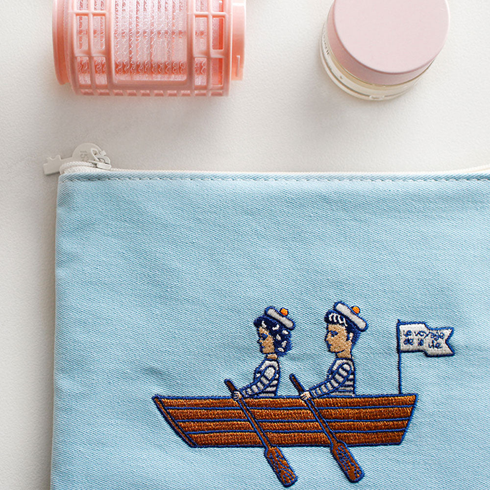 レディース ポーチ かわいい おしゃれ 刺繍 メーク メイク コスメポーチ コットン イラスト 財布 ウォレット ケース 韓国 1537 La vie est belle pouch