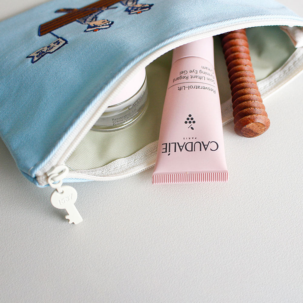 レディース ポーチ かわいい おしゃれ 刺繍 メーク メイク コスメポーチ コットン イラスト 財布 ウォレット ケース 韓国 1537 La vie est belle pouch