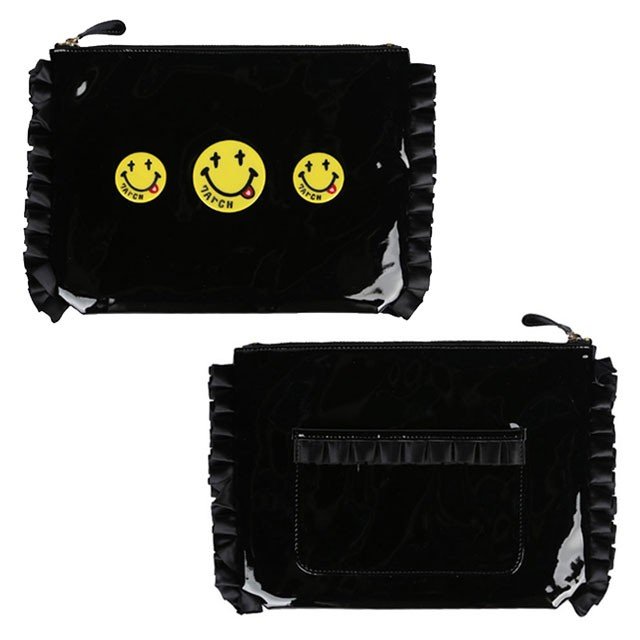 smile candy bag バッグ クラッチ かばん ポーチ スマイル ニコちゃん smiley エナメル ブラック イエロー フリル レディース 韓国