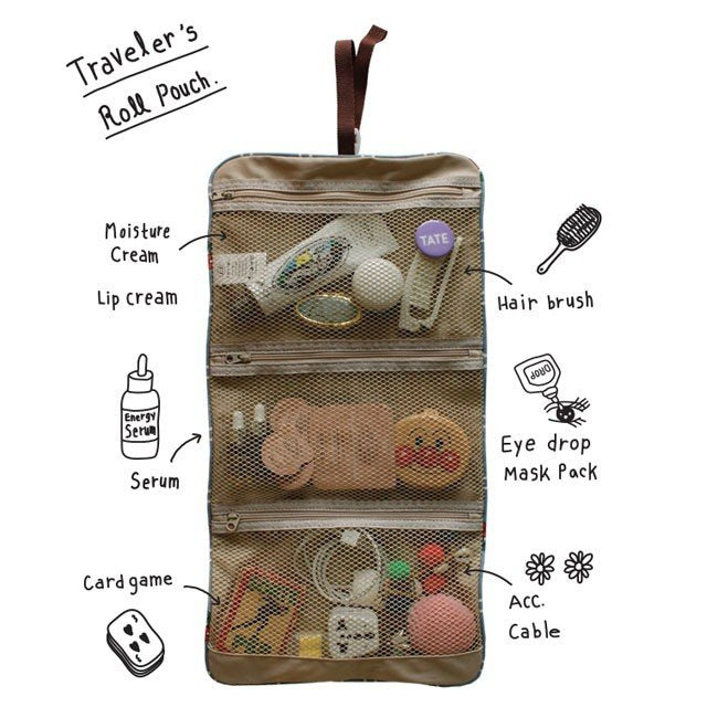 traveler roll pouch ver.6 ポーチ おしゃれ かわいい 旅行 トラベルポーチ 吊り下げ 韓国 収納 使いやすい 便利 フルオープン 化粧 メッシュ ロール 小物入れ ファスナー